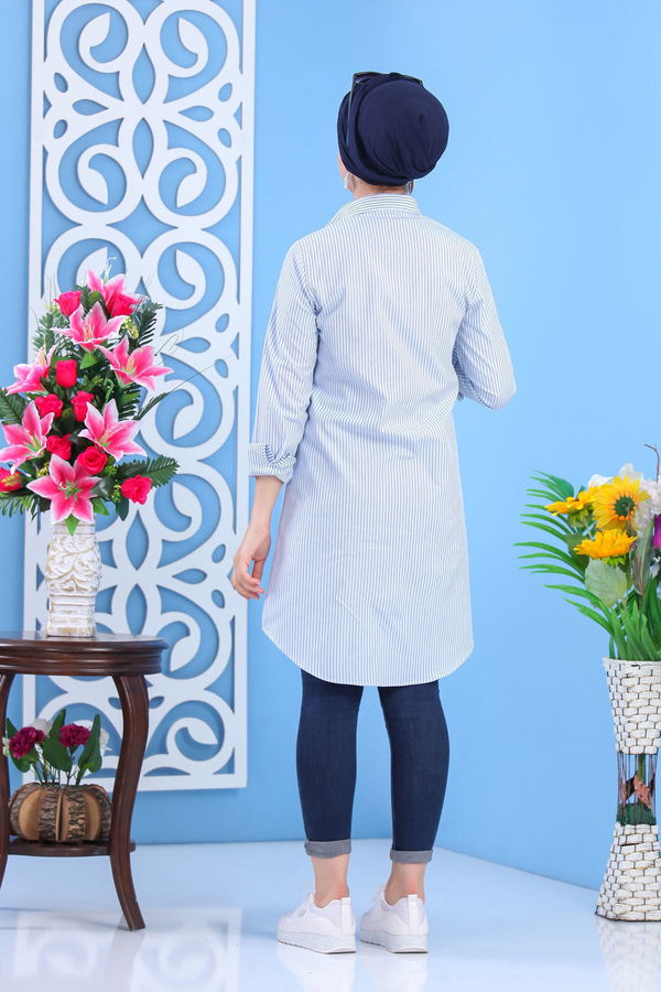 Düz Orta Kadın Mavi Çizgili Tunik Pembe  - 7442