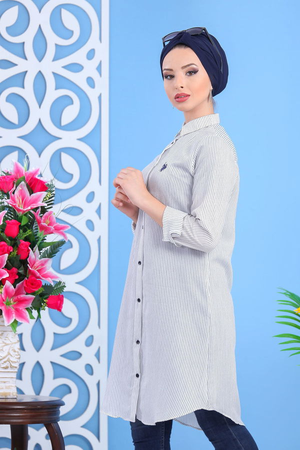Düz Orta Kadın Siyah Çizgili Tunik Pembe  - 7442
