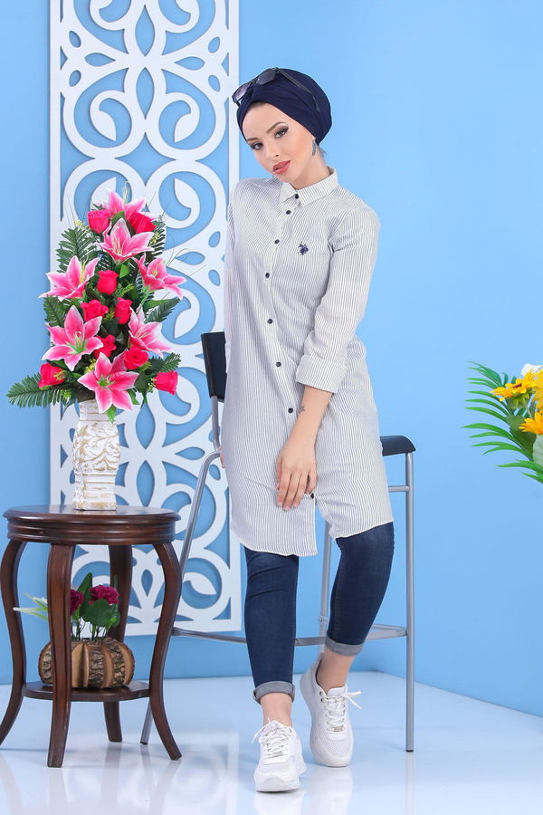 Düz Orta Kadın Siyah Çizgili Tunik Pembe  - 7442