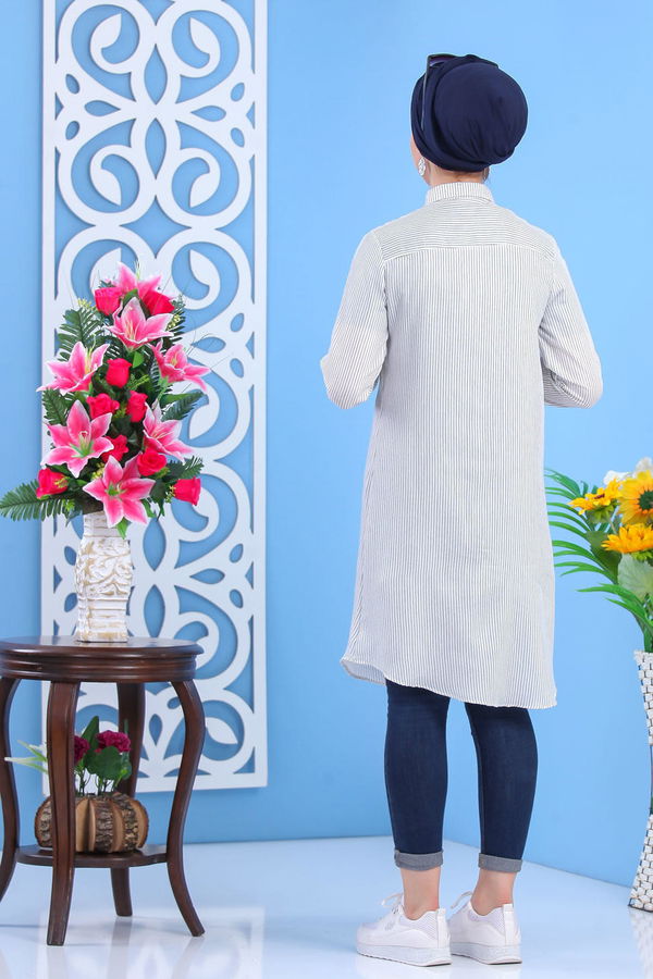 Düz Orta Kadın Siyah Çizgili Tunik Pembe  - 7442