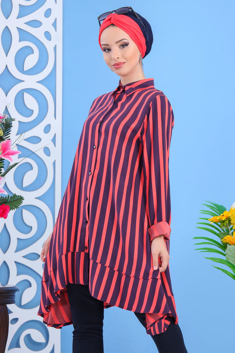 Düz Orta Kadın Mor Çizgili Tunik Lacivert  - 7444