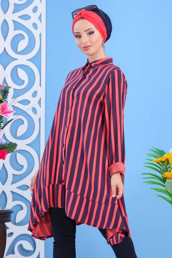 Düz Orta Kadın Mor Çizgili Tunik Lacivert  - 7444