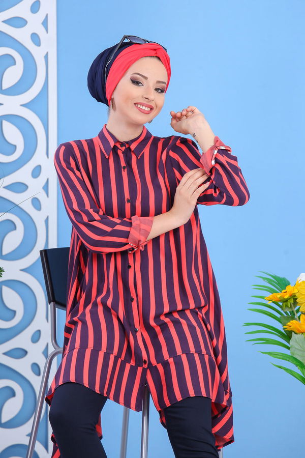 Düz Orta Kadın Mor Çizgili Tunik Lacivert  - 7444