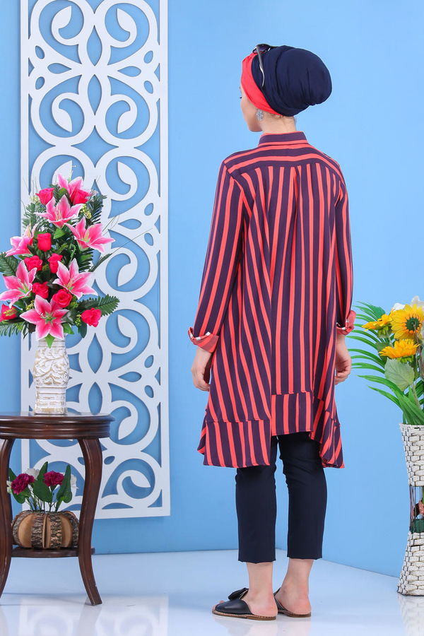 Düz Orta Kadın Mor Çizgili Tunik Lacivert  - 7444