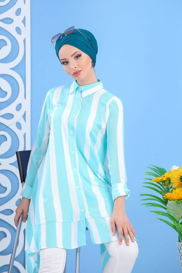 Düz Orta Kadın Yeşil Çizgili Tunik Lacivert  - 7444