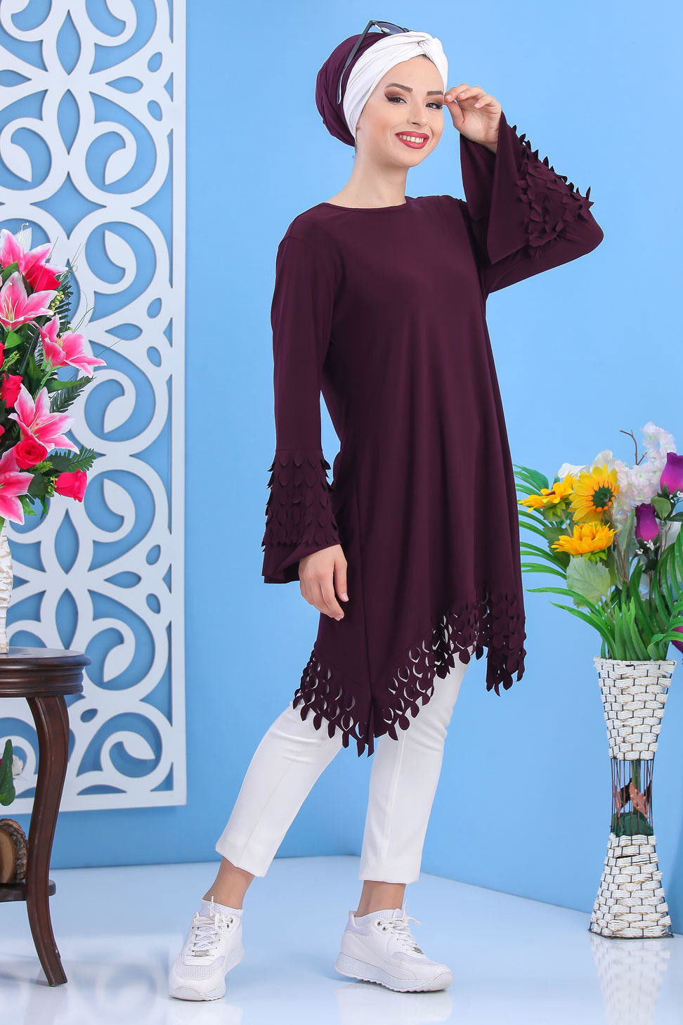 Düz Orta Kadın Mor Tunik Siyah  - 7337