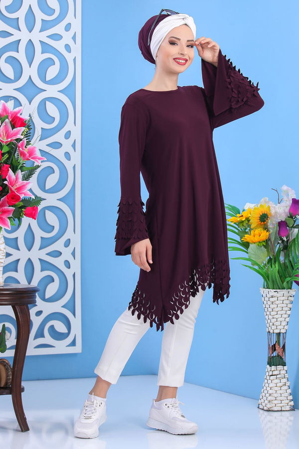 Düz Orta Kadın Mor Tunik Siyah  - 7337