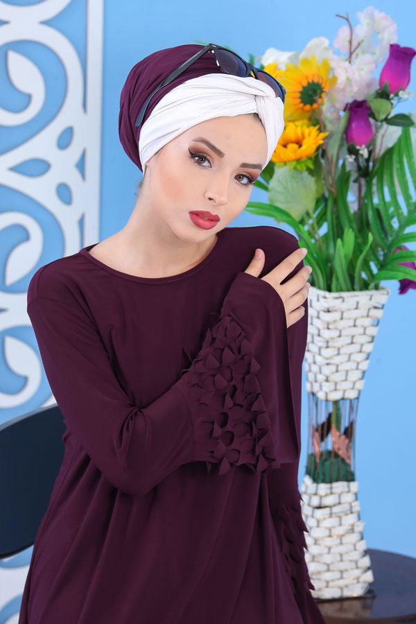 Düz Orta Kadın Mor Tunik Siyah  - 7337