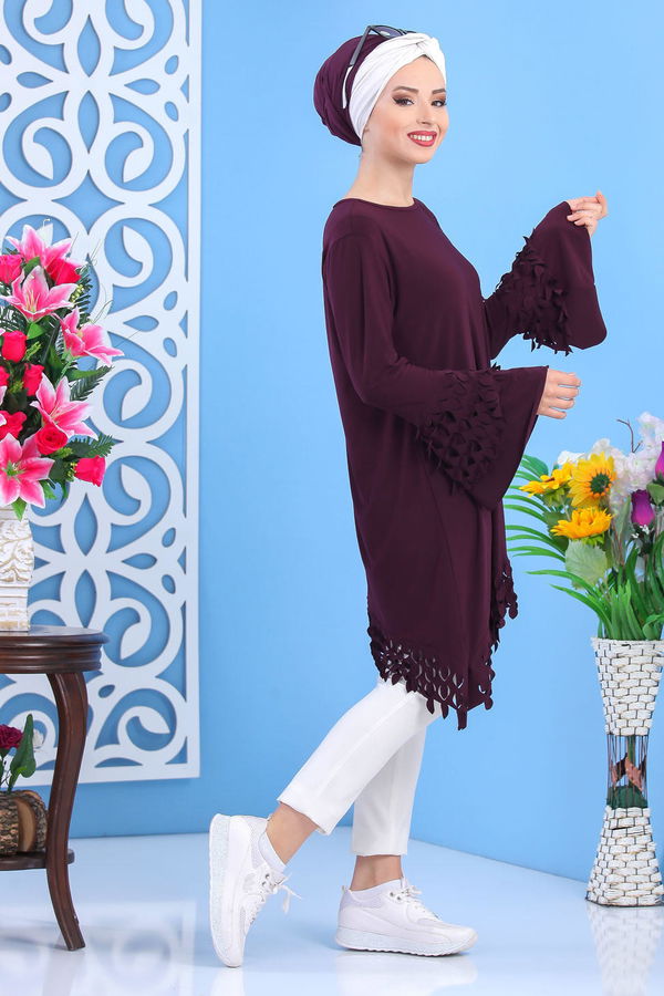 Düz Orta Kadın Mor Tunik Siyah  - 7337