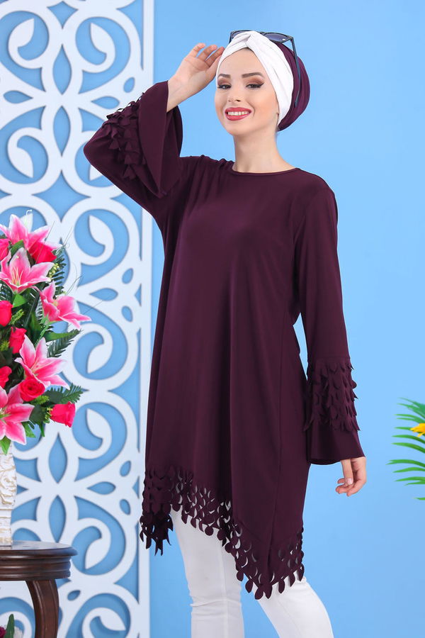 Düz Orta Kadın Mor Tunik Siyah  - 7337