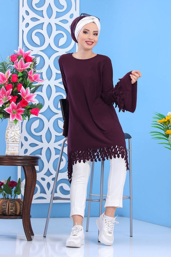 Düz Orta Kadın Mor Tunik Siyah  - 7337