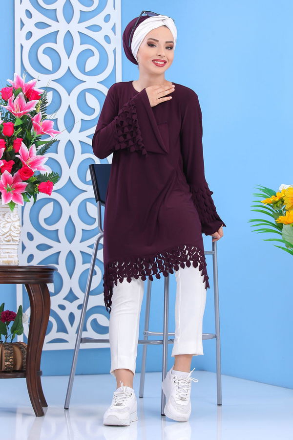 Düz Orta Kadın Mor Tunik Siyah  - 7337