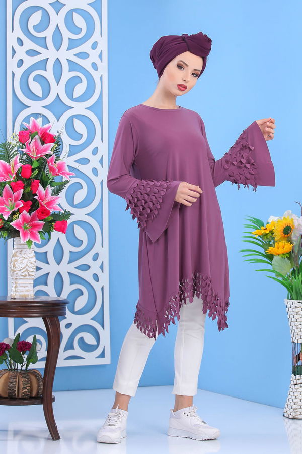 Düz Orta Kadın Lila Tunik Siyah  - 7337
