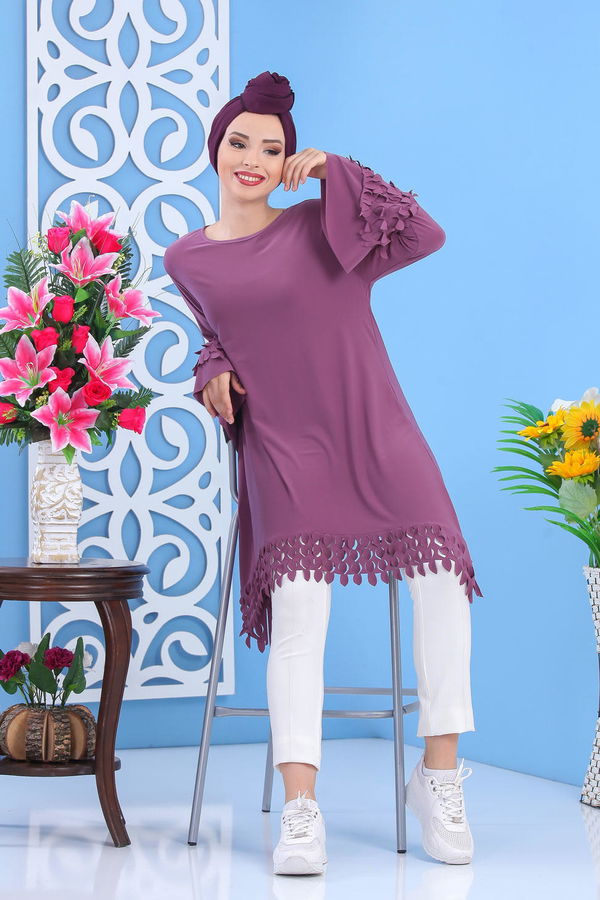 Düz Orta Kadın Lila Tunik Siyah  - 7337