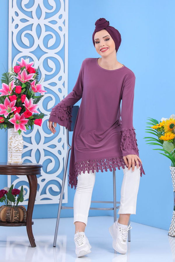 Düz Orta Kadın Lila Tunik Siyah  - 7337