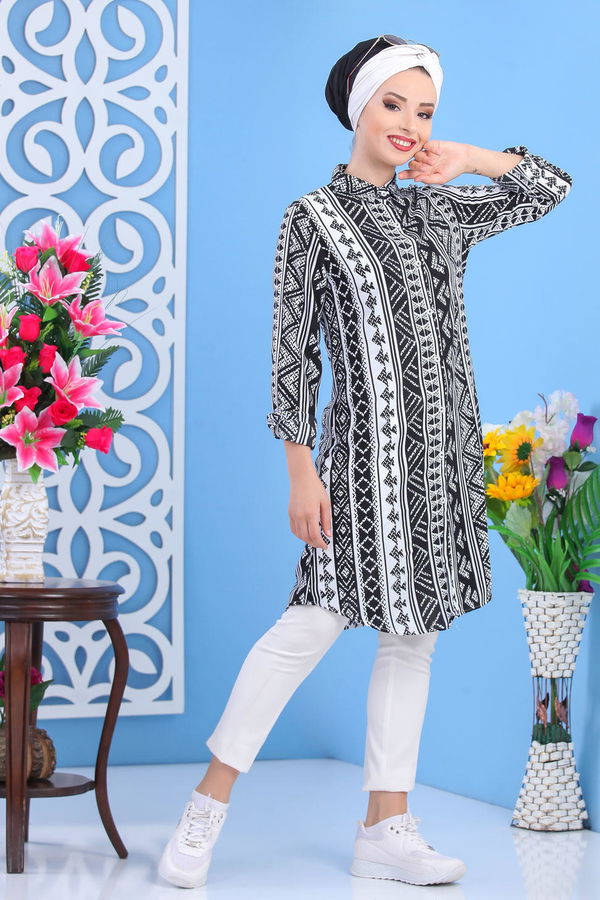 Düz Orta Kadın Siyah Baskılı Tunik Siyah  - 7451