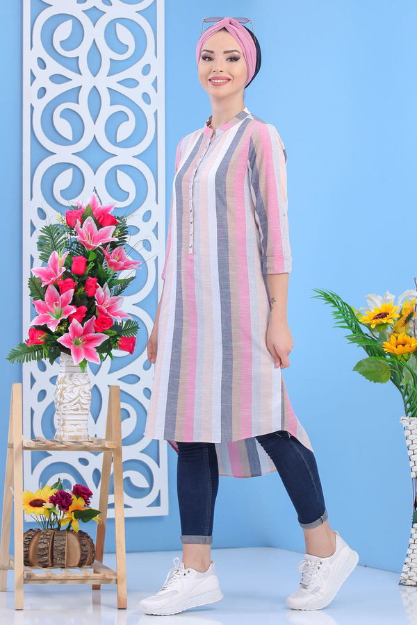 Düz Orta Kadın Gri Çizgili Tunik Gri - 02 7465 - 7465