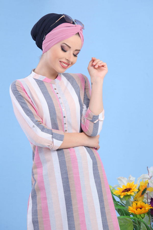 Düz Orta Kadın Gri Çizgili Tunik Gri - 02 7465 - 7465