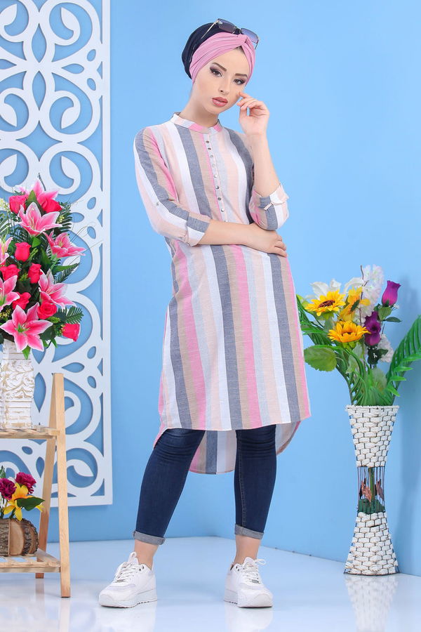Düz Orta Kadın Gri Çizgili Tunik Gri - 02 7465 - 7465