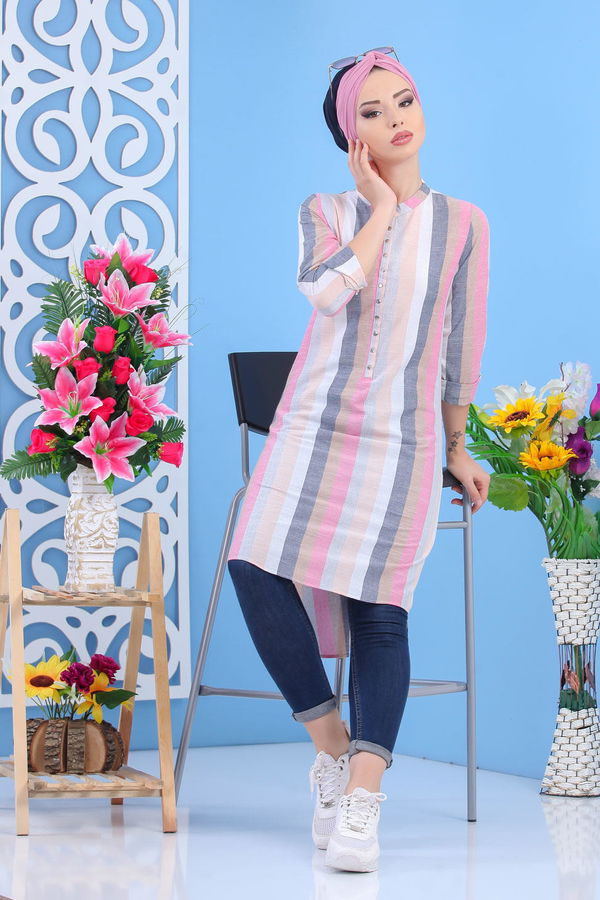 Düz Orta Kadın Gri Çizgili Tunik Gri - 02 7465 - 7465