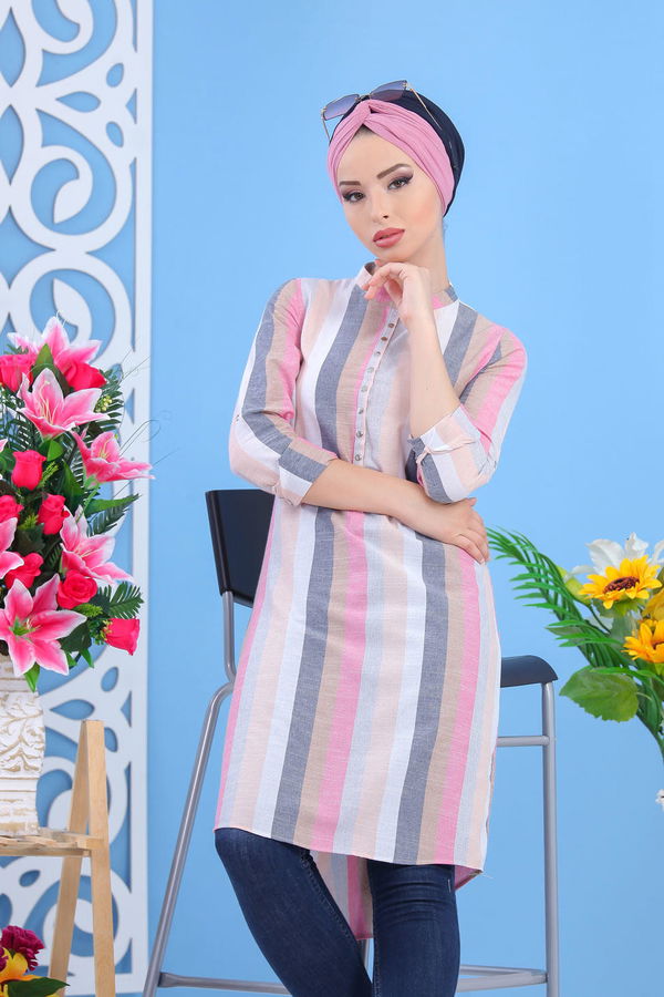 Düz Orta Kadın Gri Çizgili Tunik Gri - 02 7465 - 7465