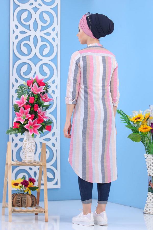 Düz Orta Kadın Gri Çizgili Tunik Gri - 02 7465 - 7465