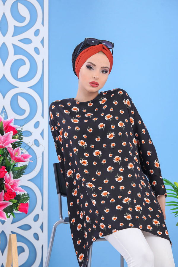 Düz Orta Kadın Siyah Cicek Desen Tunik Siyah  - 7488