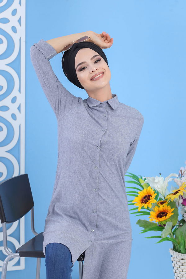 Düz Orta Kadın Gri Tunik Bordo  - 7494