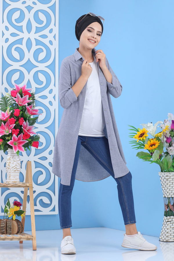 Düz Orta Kadın Gri Tunik Bordo  - 7494