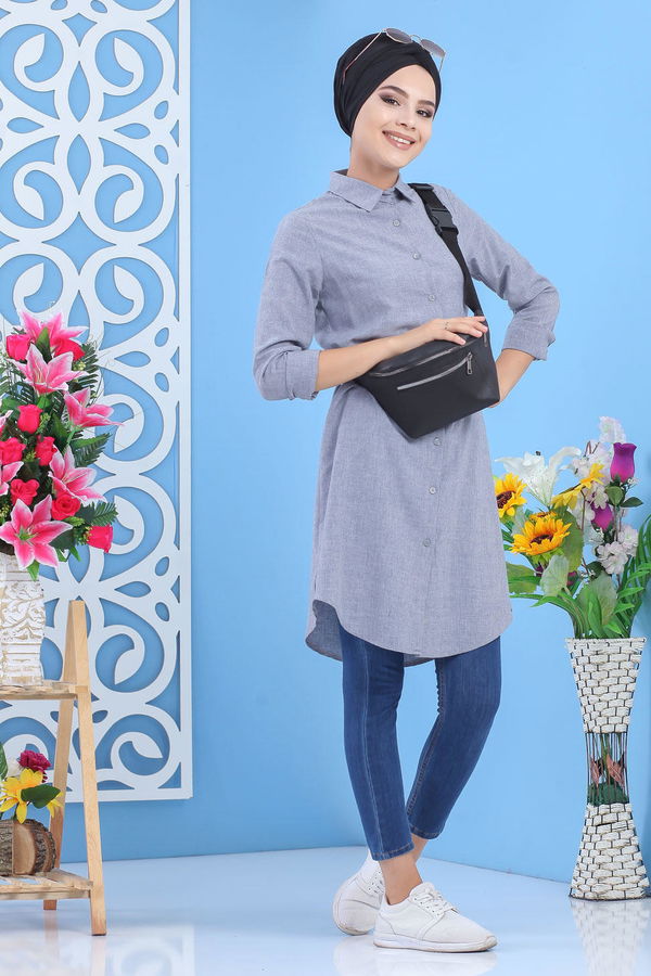 Düz Orta Kadın Gri Tunik Bordo  - 7494