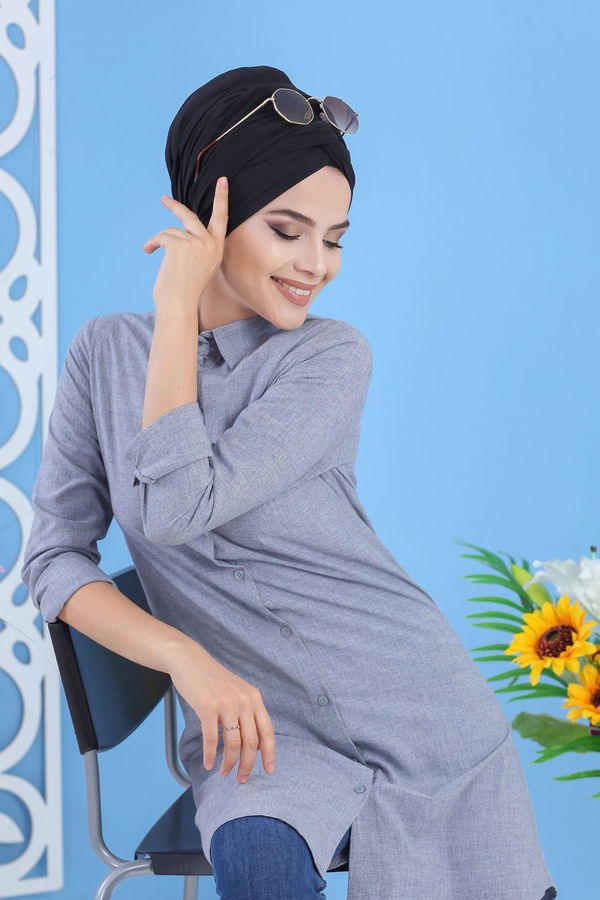 Düz Orta Kadın Gri Tunik Bordo  - 7494