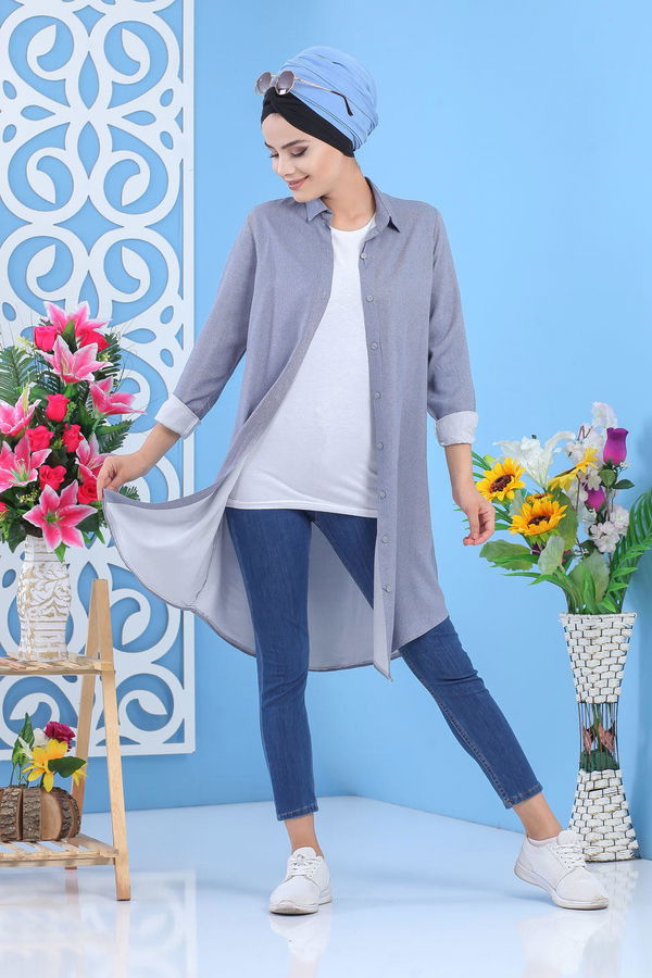 Düz Orta Kadın Mavi Tunik Bordo  - 7494