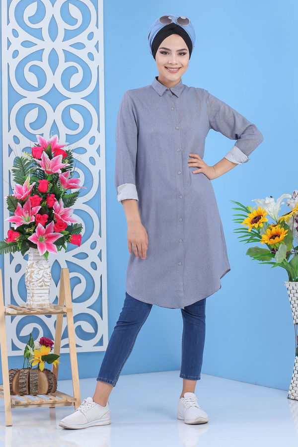 Düz Orta Kadın Mavi Tunik Bordo  - 7494