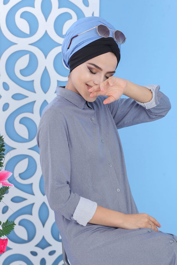 Düz Orta Kadın Mavi Tunik Bordo  - 7494