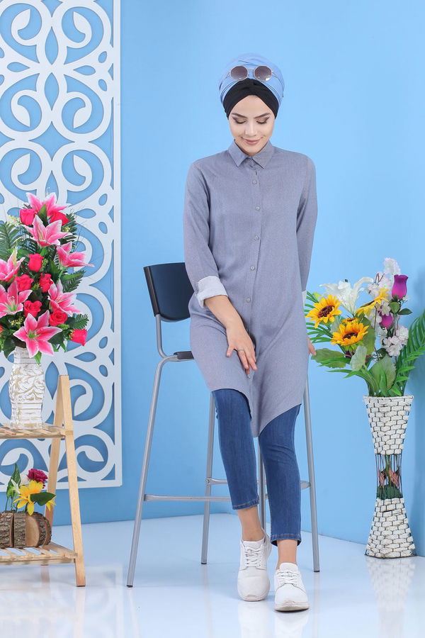 Düz Orta Kadın Mavi Tunik Bordo  - 7494