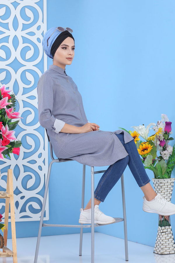 Düz Orta Kadın Mavi Tunik Bordo  - 7494