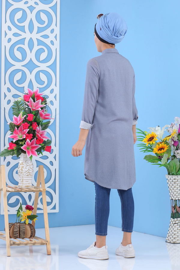 Düz Orta Kadın Mavi Tunik Bordo  - 7494