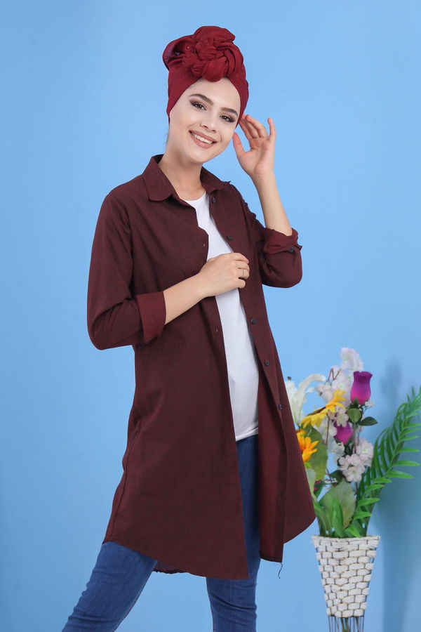 Düz Orta Kadın Bordo Ekose Tunik Bordo  - 7498