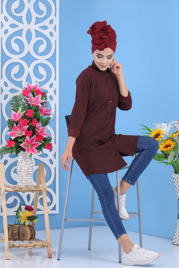 Düz Orta Kadın Bordo Ekose Tunik Bordo  - 7498