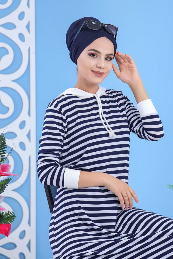 Düz Orta Kadın Lacivert Çizgili Kapşonlu Tunik Siyah  - 5152 LACİVERT