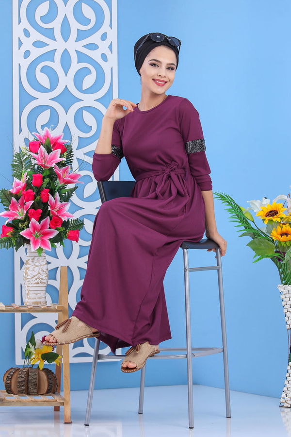 Düz Orta Kadın Mor Kuşaklı Elbise Siyah  - 7511