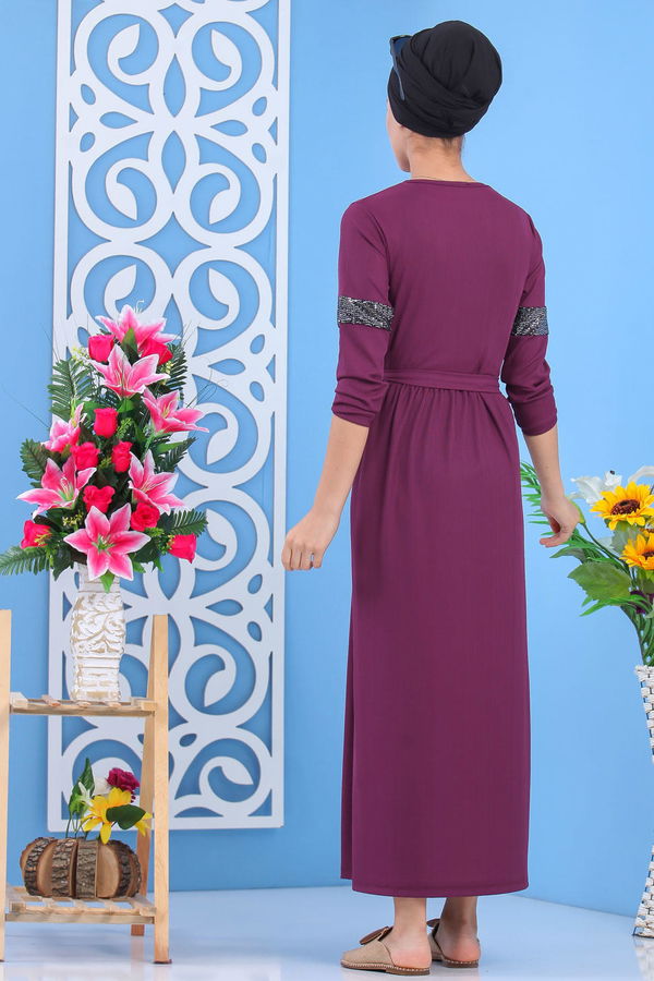 Düz Orta Kadın Mor Kuşaklı Elbise Siyah  - 7511