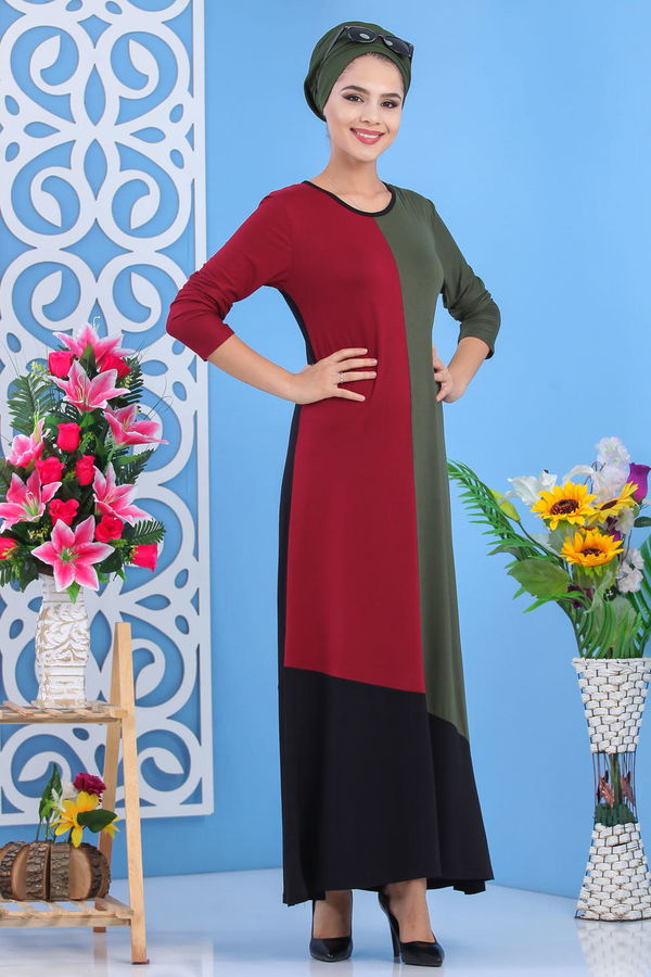 Düz Orta Kadın Haki Elbise Bordo Haki 02 7513 - 7513