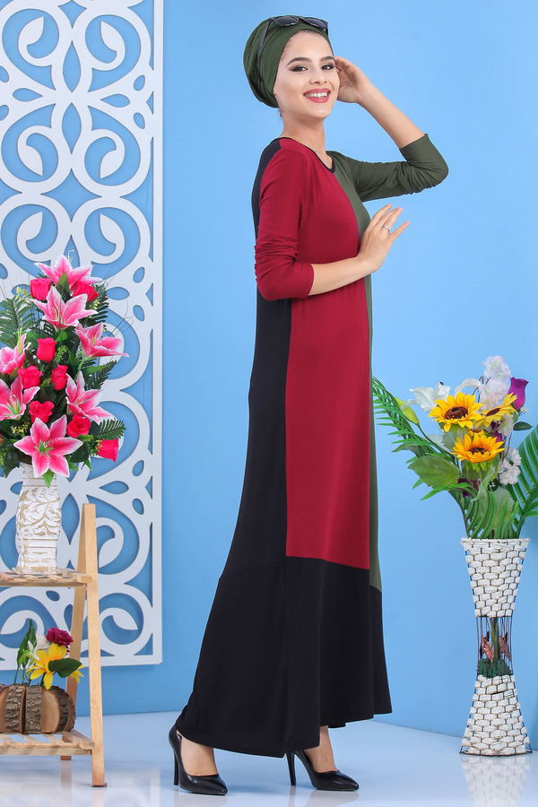 Düz Orta Kadın Haki Elbise Bordo Haki 02 7513 - 7513