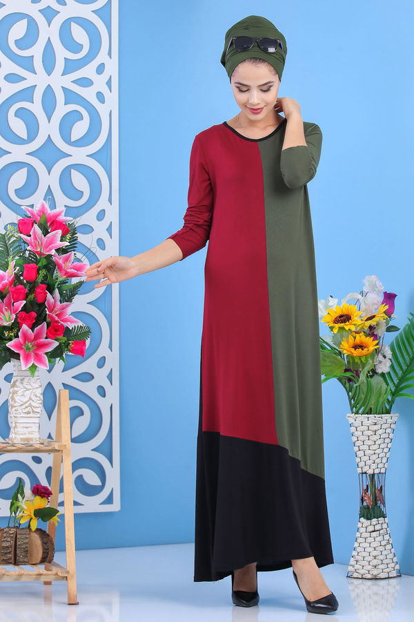Düz Orta Kadın Haki Elbise Bordo Haki 02 7513 - 7513