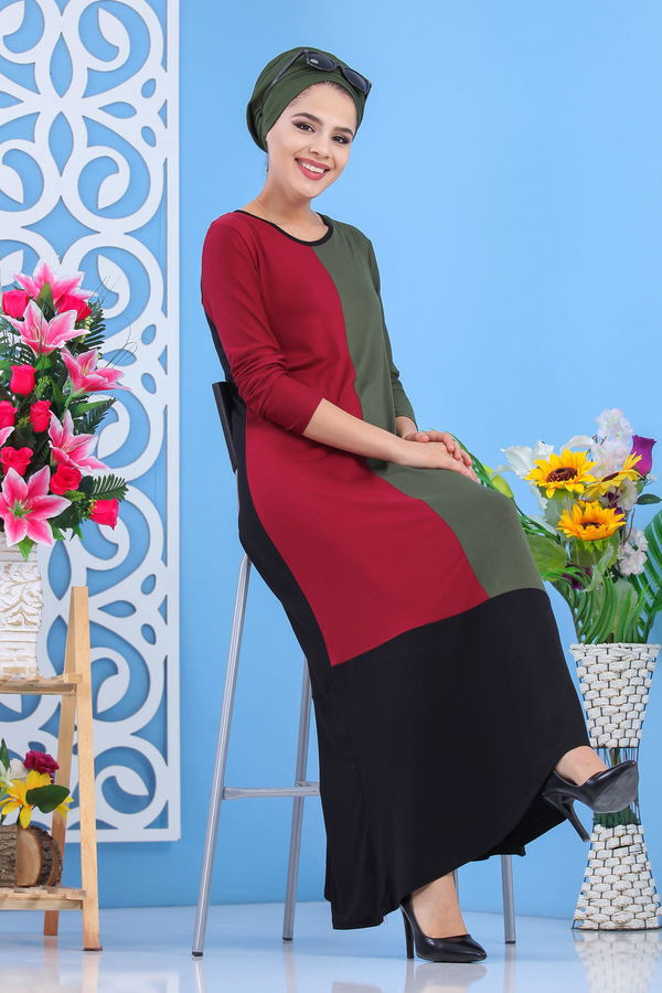 Düz Orta Kadın Haki Elbise Bordo Haki 02 7513 - 7513