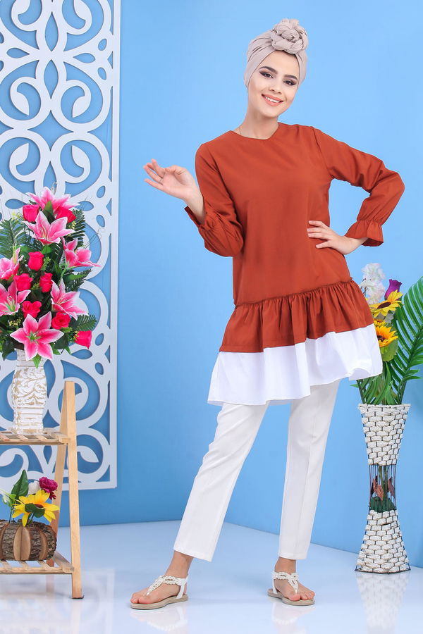 Düz Orta Kadın Taba Fırfırlı Tunık Taba - 02 7529 - 7529 TABA