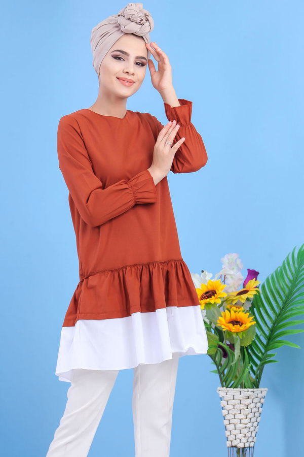 Düz Orta Kadın Taba Fırfırlı Tunık Taba - 02 7529 - 7529 TABA