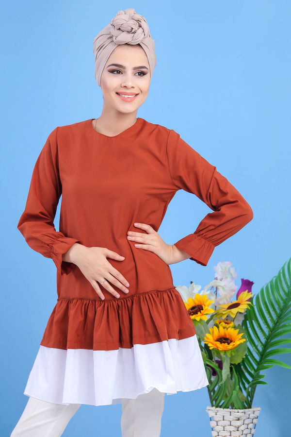 Düz Orta Kadın Taba Fırfırlı Tunık Taba - 02 7529 - 7529 TABA