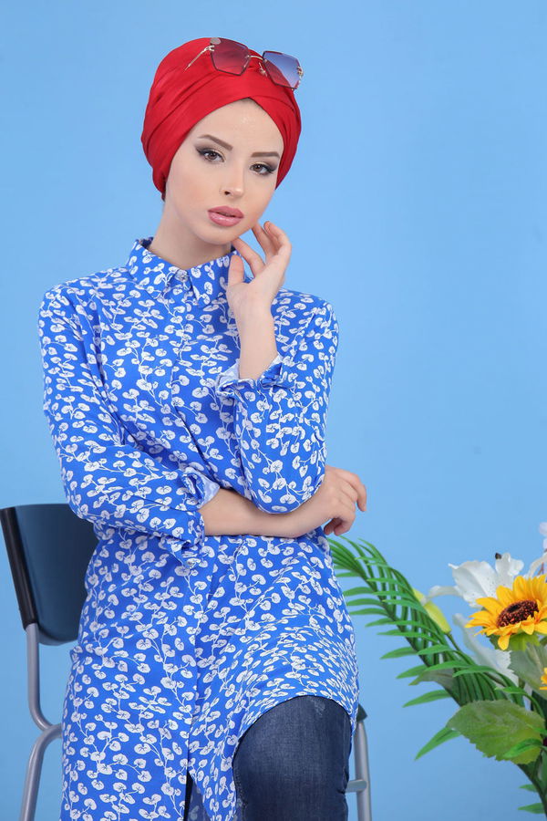 Düz Orta Kadın Mavi Desenli Tunik Siyah  - 7534